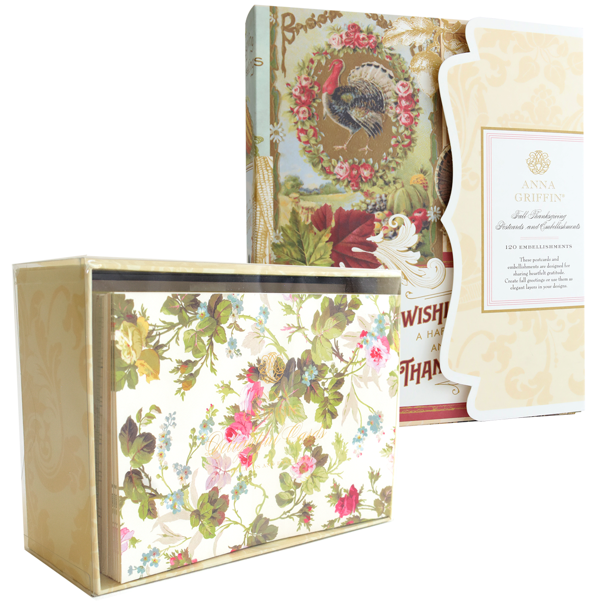 A Thanksgiving Greetings Bundle of postcards and autumn embellishments stored inside a floral-patterned box.