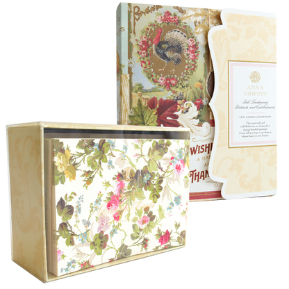 A Thanksgiving Greetings Bundle of postcards and autumn embellishments stored inside a floral-patterned box.