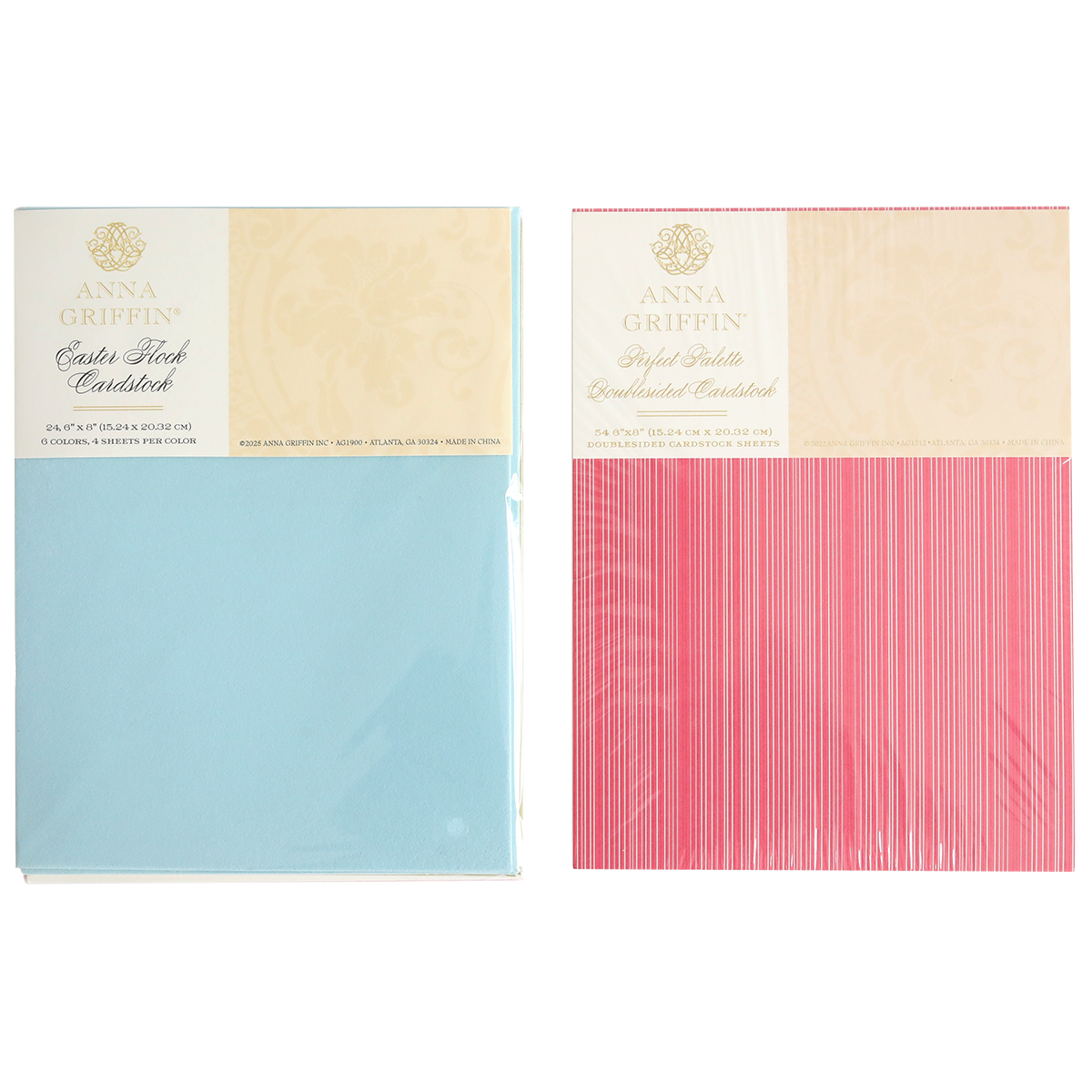 Two packs of Anna Griffin cardstock—light blue "Satin Stock" and pink "Stylish Stripes"—sealed in plastic and designed to coordinate seamlessly with the Perfect Palette Flocked and Printed Cardstock for stunning cardmaking projects.