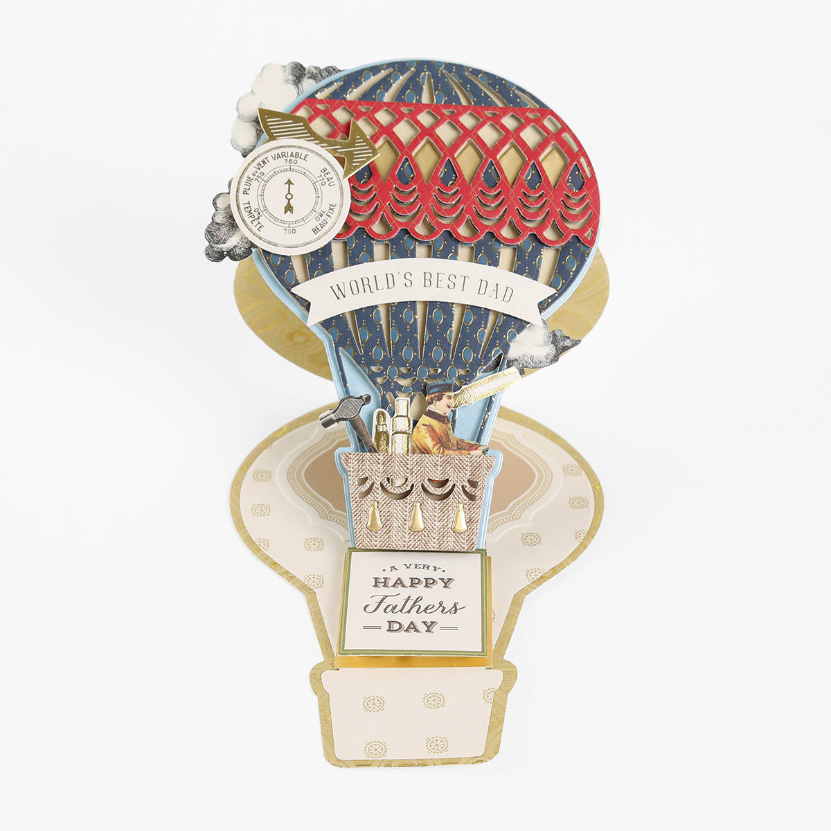 A unique Father’s Day pop-up card shaped like a hot air balloon, created using the Hot Air Balloon Easel Die and featuring “World’s Best Dad” along with “A Very Happy Father’s Day” at the base—making it a charming addition to any handmade card collection.