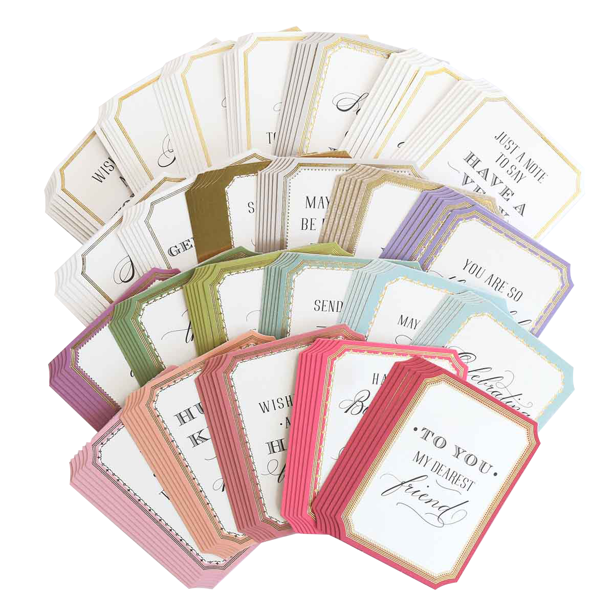 Super Sentiments and Signature Cards, featuring pastel borders and assorted messages, are arranged in a semi-circle for a charming decorative display.