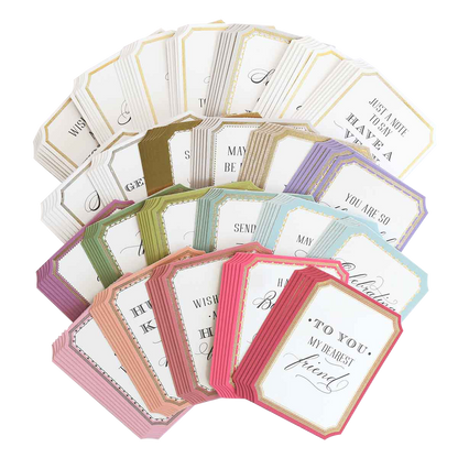 Super Sentiments and Signature Cards, featuring pastel borders and assorted messages, are arranged in a semi-circle for a charming decorative display.