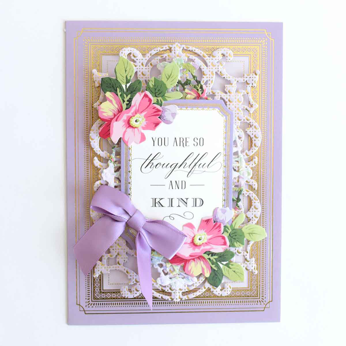 The Super Sentiments and Signature Cards feature a decorative design with pink flowers, green leaves, a purple ribbon bow, and the message "You are so thoughtful and kind"—ideal for handmade card enthusiasts.