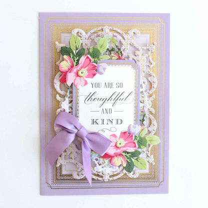 The Super Sentiments and Signature Cards feature a decorative design with pink flowers, green leaves, a purple ribbon bow, and the message "You are so thoughtful and kind"—ideal for handmade card enthusiasts.