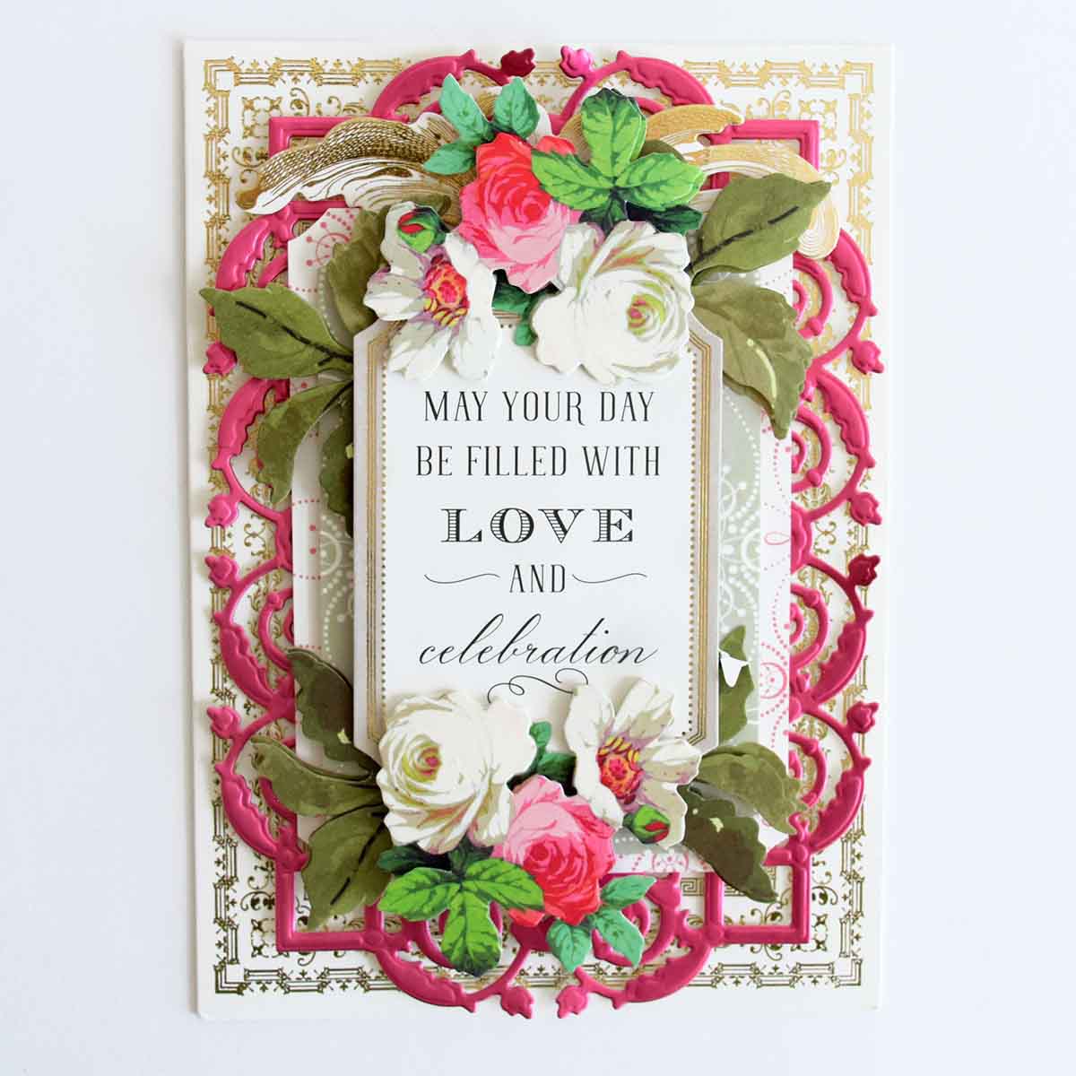The Super Sentiments and Signature Cards feature layered floral designs with gold accents and the message "May your day be filled with love and celebration." Ideal for pairing with sentiment stickers or adding to a handmade card set.