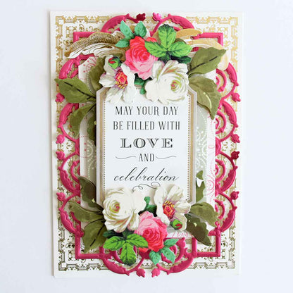 The Super Sentiments and Signature Cards feature layered floral designs with gold accents and the message "May your day be filled with love and celebration." Ideal for pairing with sentiment stickers or adding to a handmade card set.