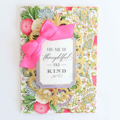 The Super Sentiments and Signature Cards feature pink flowers, gold embossing, and a pink ribbon with the message "You are so thoughtful and kind." Personalize it by adding your own sentiment stickers for a custom touch.
