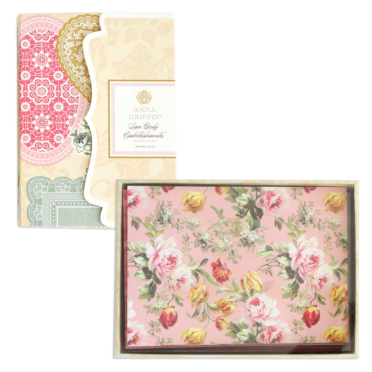 Two floral-themed stationery sets: one named "Lace Doily Embellishments, Cards and Envelopes," featuring intricate lace patterns, and another showcasing roses and tulips on a pink background, complete with matching envelopes.