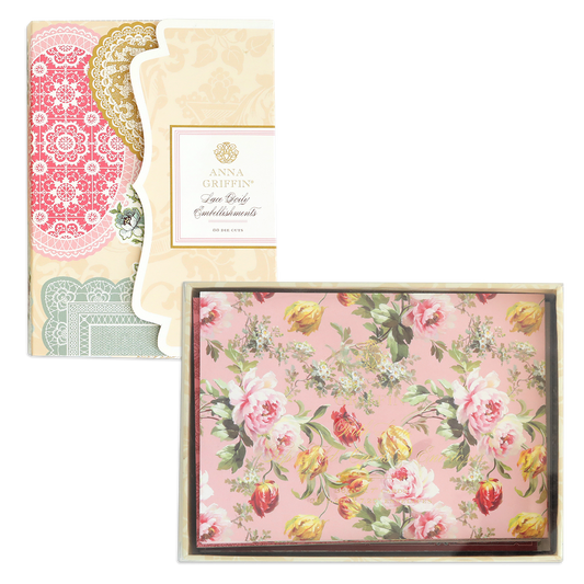 Two floral-themed stationery sets: one named "Lace Doily Embellishments, Cards and Envelopes," featuring intricate lace patterns, and another showcasing roses and tulips on a pink background, complete with matching envelopes.