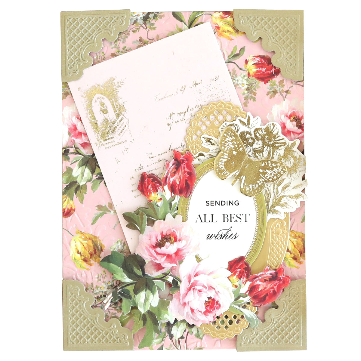 The Lace Doily Embellishments, Cards and Envelopes feature a vintage-style design with floral patterns, gold accents, and a beautifully adorned butterfly motif. Accompanied by a matching envelope, the card reads "Sending All Best Wishes.