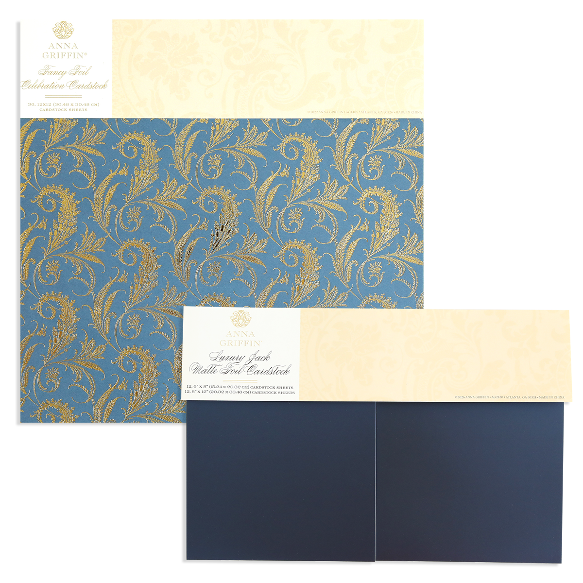Two decorative cardstock sheets from the Celebration Foil Cardstock Collection: one features a gold and blue floral design on foil-stamped cardstock, and the other is a solid navy matte foil cardstock—perfect for elegant paper crafts.