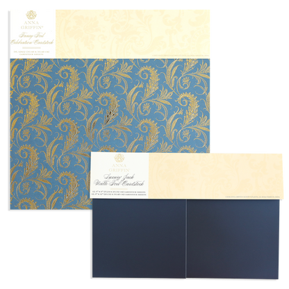 Two decorative cardstock sheets from the Celebration Foil Cardstock Collection: one features a gold and blue floral design on foil-stamped cardstock, and the other is a solid navy matte foil cardstock—perfect for elegant paper crafts.