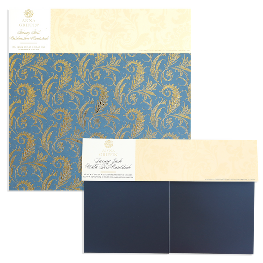 Two decorative cardstock sheets from the Celebration Foil Cardstock Collection: one features a gold and blue floral design on foil-stamped cardstock, and the other is a solid navy matte foil cardstock—perfect for elegant paper crafts.