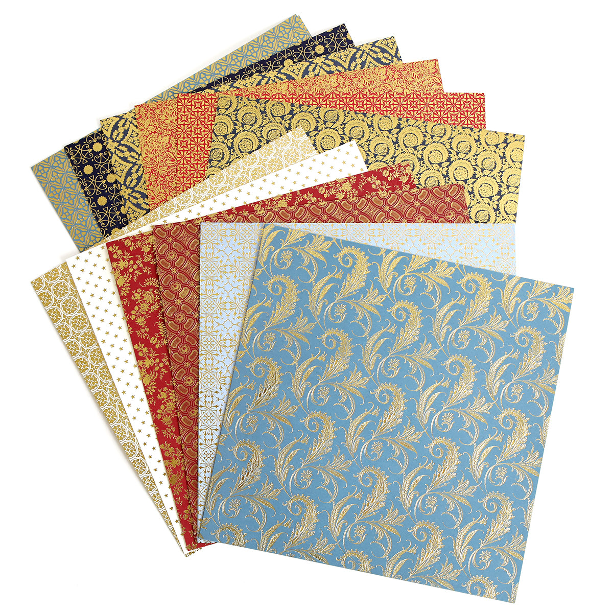 The Celebration Foil Cardstock Collection features decorative square paper sheets adorned with intricate patterns and luxurious gold foil accents, beautifully arranged in a fanned-out stack—perfect for elevating your paper crafts.