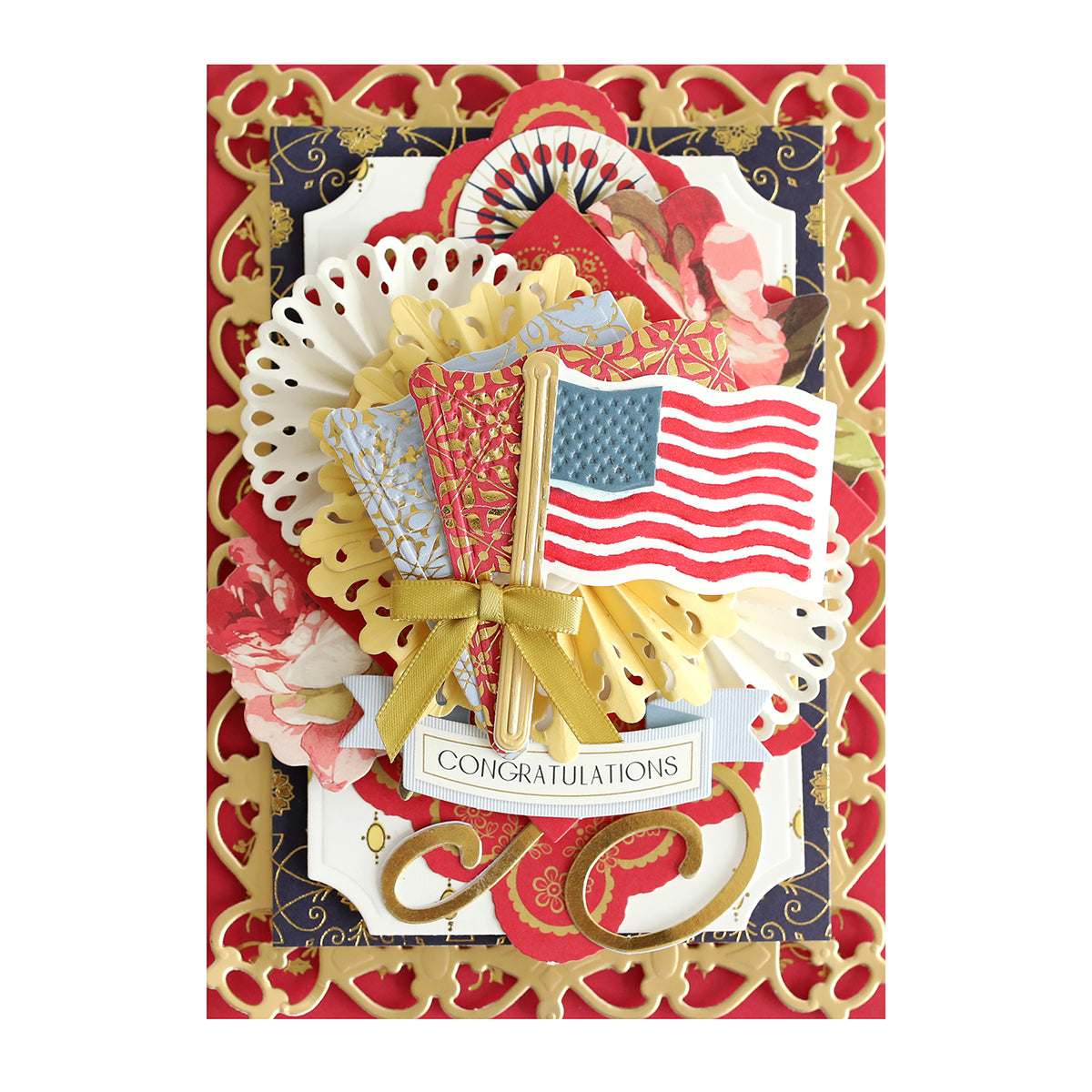 Celebrate in style with the Celebration Foil Cardstock Collection—a beautifully crafted card featuring layered paper flowers, an American flag, gold foil accents, and a “Congratulations” label on a striking red ornamental background. Perfect for paper craft enthusiasts seeking elegance and artistry in their creations.