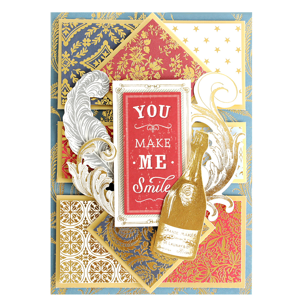 Celebrate in style with the Celebration Foil Cardstock Collection — a decorative greeting card made from foil-stamped cardstock, showcasing gold accents, a champagne bottle motif, and a prominent red sign that reads “You Make Me Smile.” Surrounded by elegant patterns in white, gold, red, and blue, this luxurious card is perfect for paper craft enthusiasts seeking an extra-special touch.