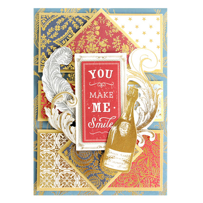 Celebrate in style with the Celebration Foil Cardstock Collection — a decorative greeting card made from foil-stamped cardstock, showcasing gold accents, a champagne bottle motif, and a prominent red sign that reads “You Make Me Smile.” Surrounded by elegant patterns in white, gold, red, and blue, this luxurious card is perfect for paper craft enthusiasts seeking an extra-special touch.