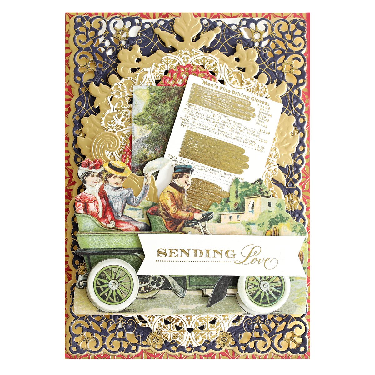 A charming addition to any paper crafts collection, this vintage-style card from the Celebration Foil Cardstock Collection features ornate patterns, people in an old car, layered cutouts, and a “SENDING Love” banner—all beautifully crafted on navy matte foil cardstock.