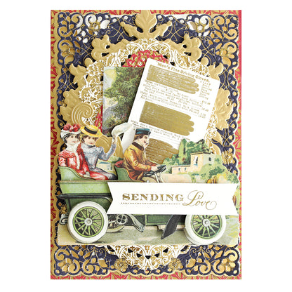 A charming addition to any paper crafts collection, this vintage-style card from the Celebration Foil Cardstock Collection features ornate patterns, people in an old car, layered cutouts, and a “SENDING Love” banner—all beautifully crafted on navy matte foil cardstock.