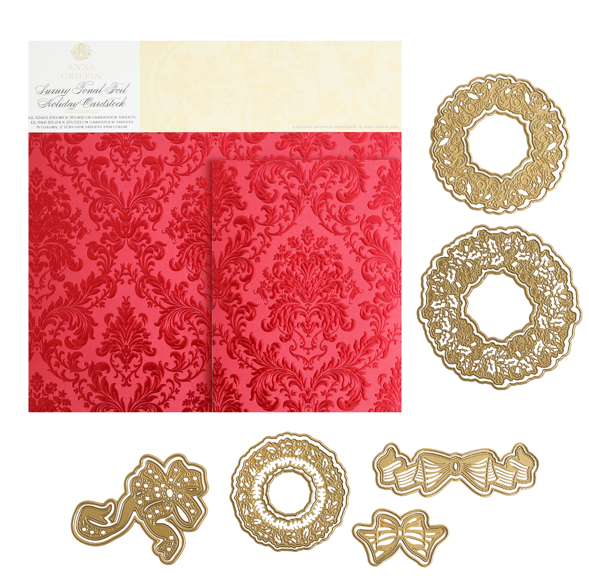 Radiant Holiday Wreath and Bow Bundle featuring a package of red damask-patterned holiday foil cardstock next to gold metal dies in the shapes of intricate 3D wreath designs and bows.