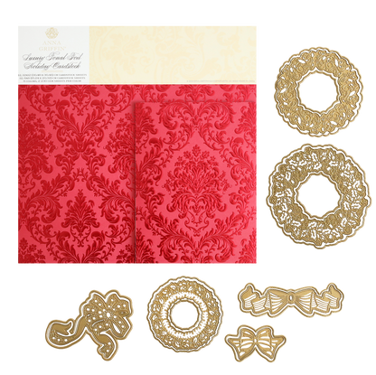 Radiant Holiday Wreath and Bow Bundle featuring a package of red damask-patterned holiday foil cardstock next to gold metal dies in the shapes of intricate 3D wreath designs and bows.