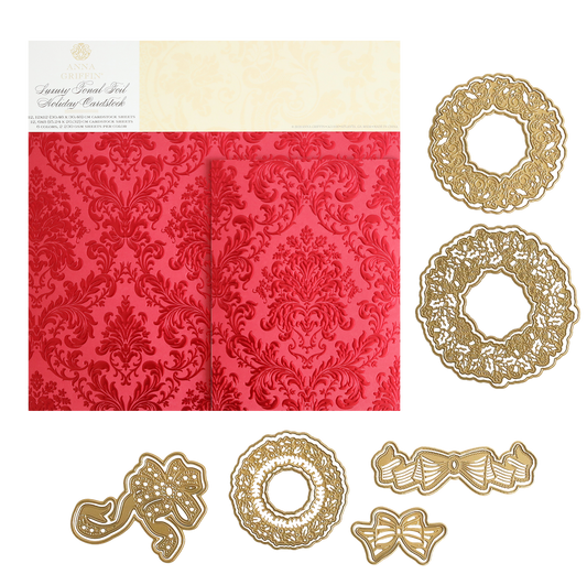 Radiant Holiday Wreath and Bow Bundle featuring a package of red damask-patterned holiday foil cardstock next to gold metal dies in the shapes of intricate 3D wreath designs and bows.