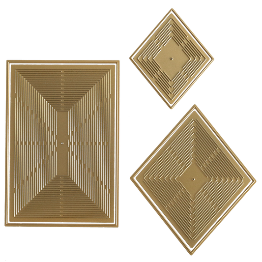 Three gold geometric trays, styled like the Diamond and Rectangle Kirigami Dies with openwork nested square and rectangular designs, are displayed on a plain light background.