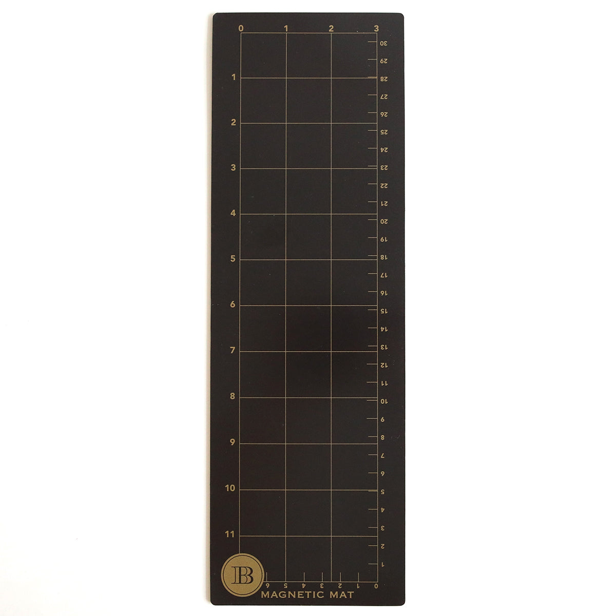 The Empress Mini 13" Full Plate Set includes a rectangular black magnetic mat with a grid numbered 0–11 vertically and 0–3 horizontally, gold "B" logo, and "MAGNETIC MAT" in the bottom left, designed for use with embossing plates.
