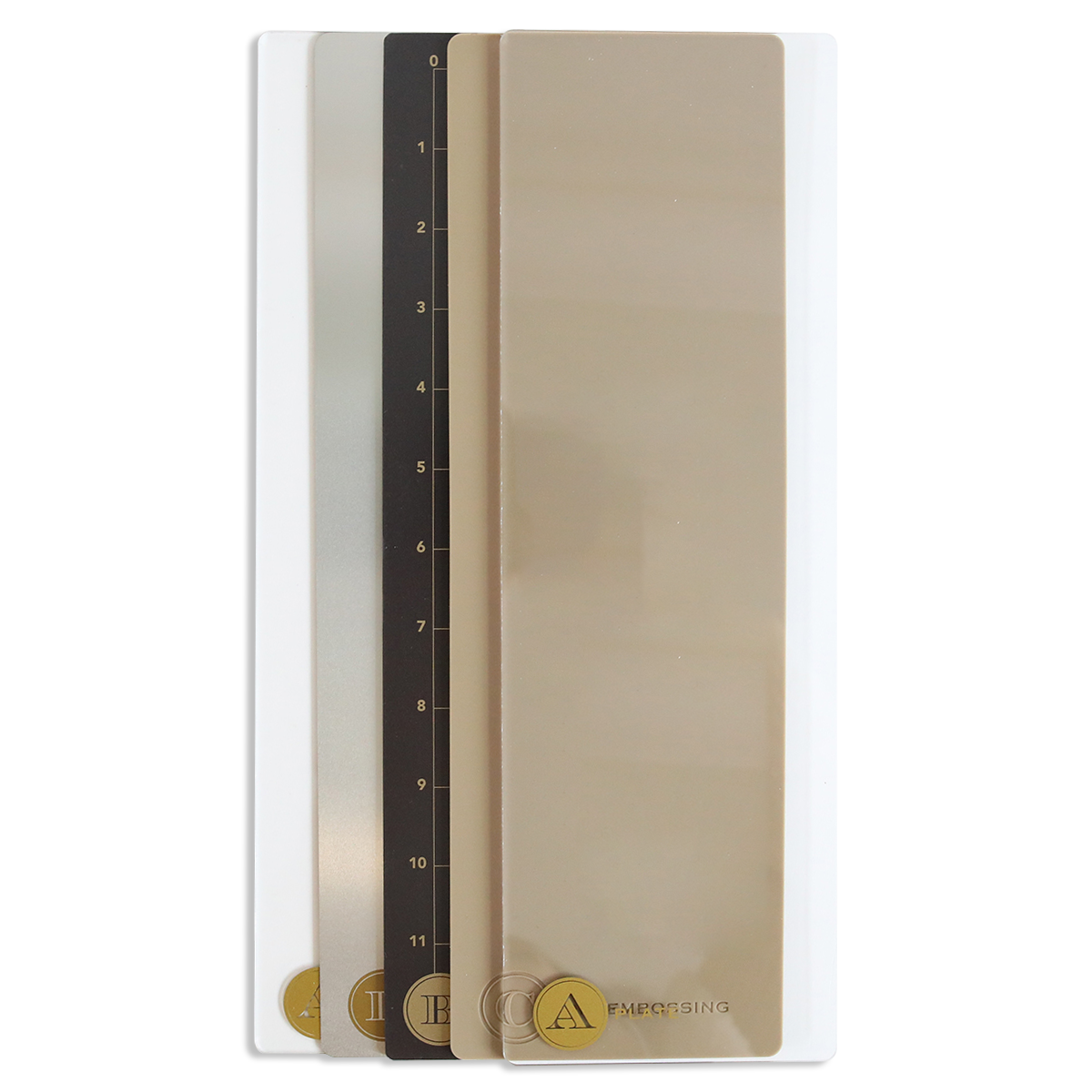 Four rectangular color sample cards labeled I, E, C, and A are stacked vertically in shades from black to beige, resembling the Empress Mini 13" Full Plate Set die cutting plates.