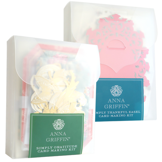 Two translucent storage envelopes containing Simply Thank You Card Making Kits, each labeled with a name and a logo.