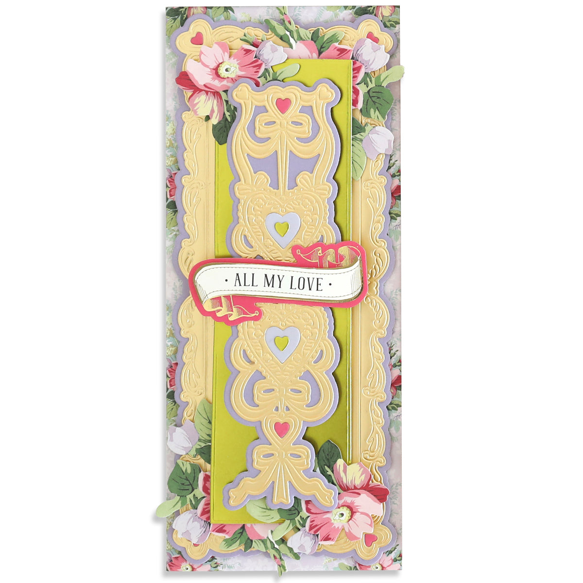 Greeting card crafted using the Slimline Hearts Dies and Cut Emboss Folders, featuring intricate gold patterns and a central banner with "All My Love," elegantly enhanced with delicate hearts.