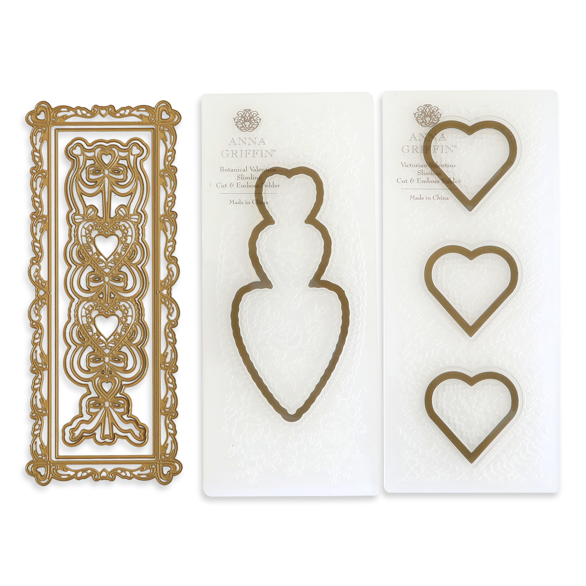 Slimline Hearts Dies and Cut Emboss Folders featuring heart-shaped and ornate rectangular metal dies on white packaging, labeled with Anna Griffin branding.