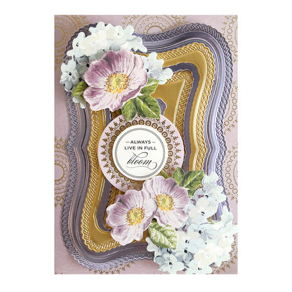 This beautiful card from the Black Friday Empress Elite Bundle is created using an embossing machine and features layered gold and purple frames accented with floral patterns. At its center, the phrase "Always Live in Full Bloom" evokes a sense of timeless beauty, making this card ideal for anyone who appreciates elegance in every detail.