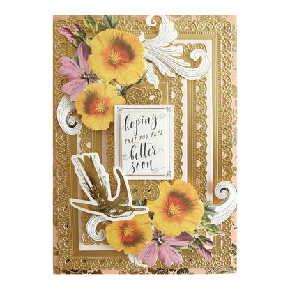 Introducing a "Get Well Soon" card from the Black Friday Empress Elite Bundle, adorned with gold ornate framing and vibrant yellow and pink floral designs, beautifully featuring a bird illustration expertly crafted using an electronic die cutting technique.