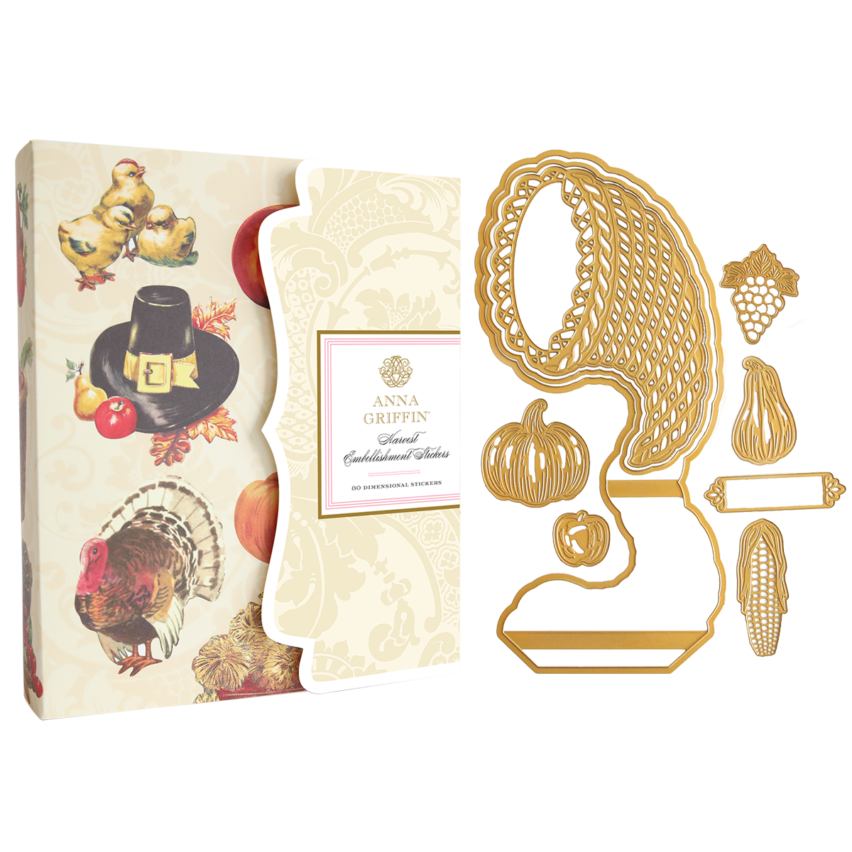 Cornucopia Harvest Easel Card Set featuring a gift box with Thanksgiving images next to gold-colored metal dies shaped as a cornucopia, pumpkin, fruit, and corn.