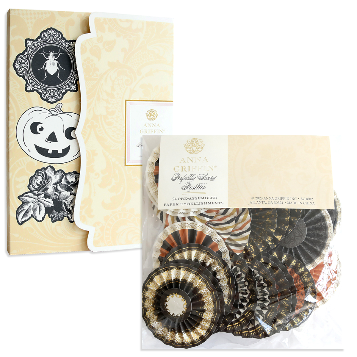 Two packs of Perfectly Scary Halloween Embellishments with vintage Halloween designs and assorted black, orange, and gold rosettes—ideal for spooky crafts.