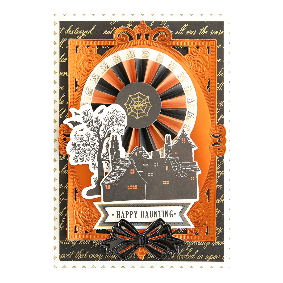 Perfectly Scary Halloween Embellishments with haunted houses, spider webs, rosettes, and a black bow—ideal for spooky Halloween projects.
