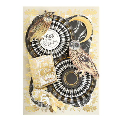 Perfectly Scary Halloween Embellishments feature two illustrated owls, ornate patterns, greetings, florals, and Rub On Transfers—ideal for Halloween crafting projects.