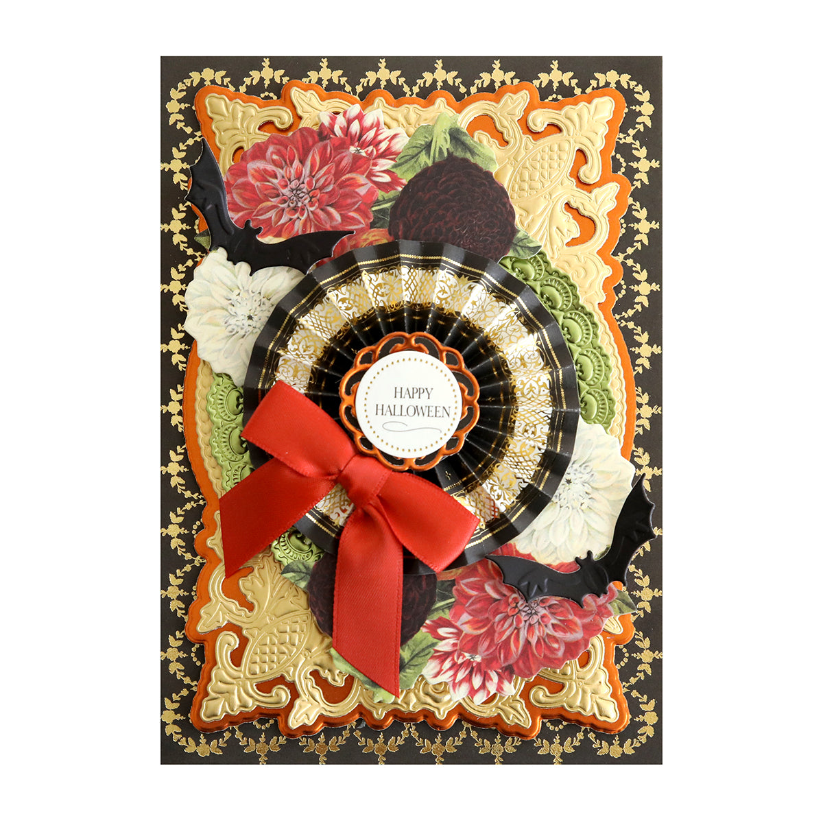 The Perfectly Scary Halloween Embellishments feature gold designs, flowers, scary rosettes, black bats, a red bow, and a round “Happy Halloween” label.
