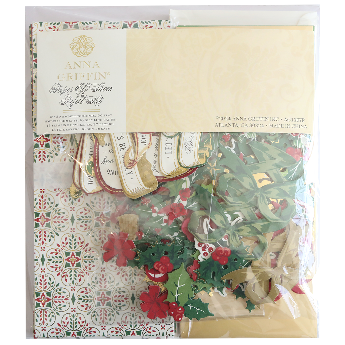 A package of Paper Elf Shoe Finishing School Refill Kit, featuring a variety of decorative tags and 3D sentiments, all crafted with high-quality cardstock and embellishments. Still in its original packaging, the front label displays the brand details and manufacturing information.