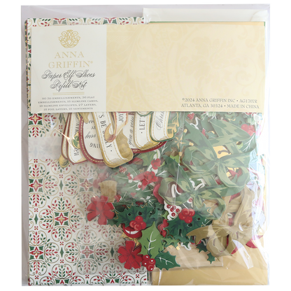 A package of Paper Elf Shoe Finishing School Refill Kit, featuring a variety of decorative tags and 3D sentiments, all crafted with high-quality cardstock and embellishments. Still in its original packaging, the front label displays the brand details and manufacturing information.