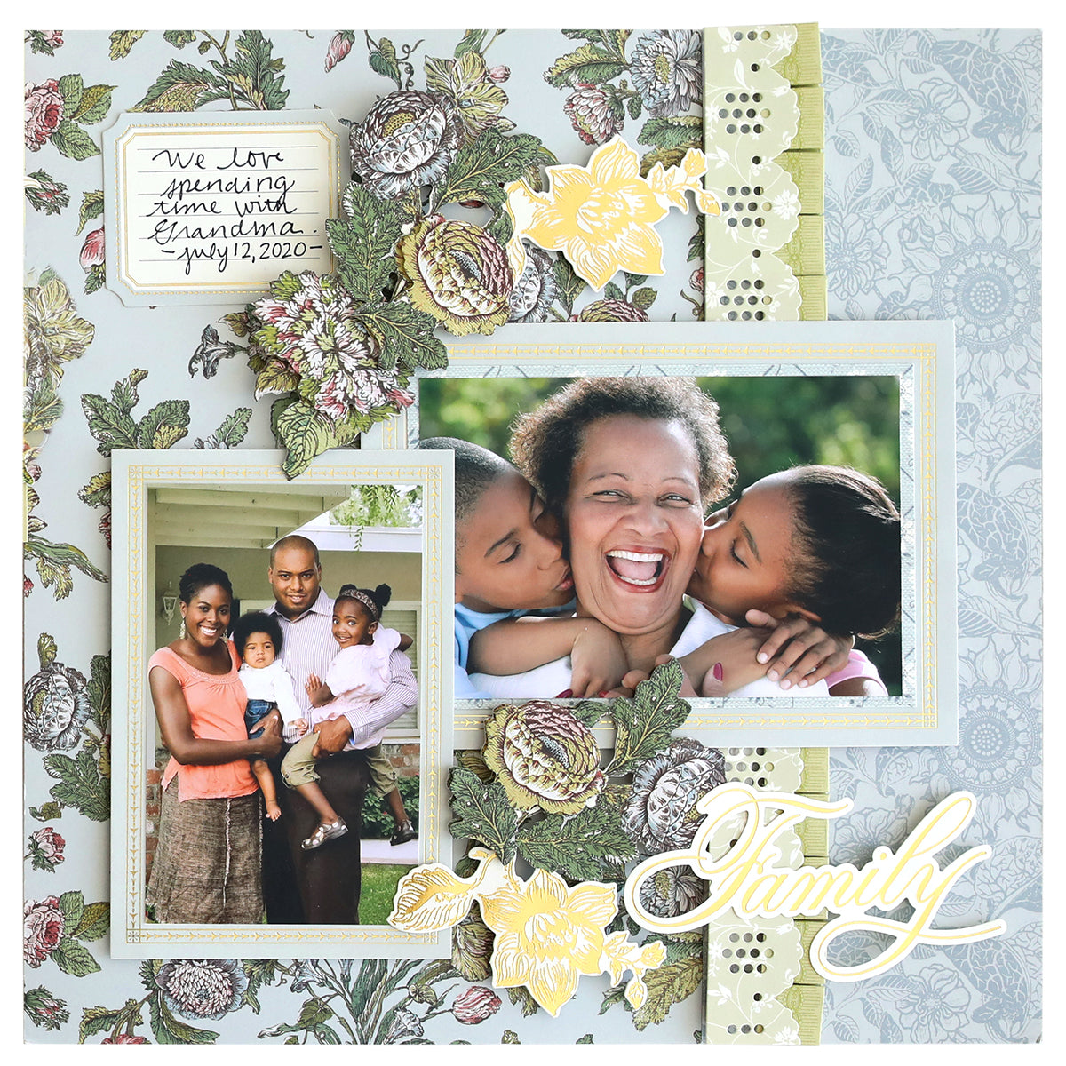 A scrapbook page features photos of a smiling elderly woman with two children, a family of four, and floral embellishments. Handwritten note says, "We love spending time with Grandma. July 12, 2020." Securely tucked in page protectors, these memories are preserved for generations in our Wildflower Meadow Scrapbook Album.