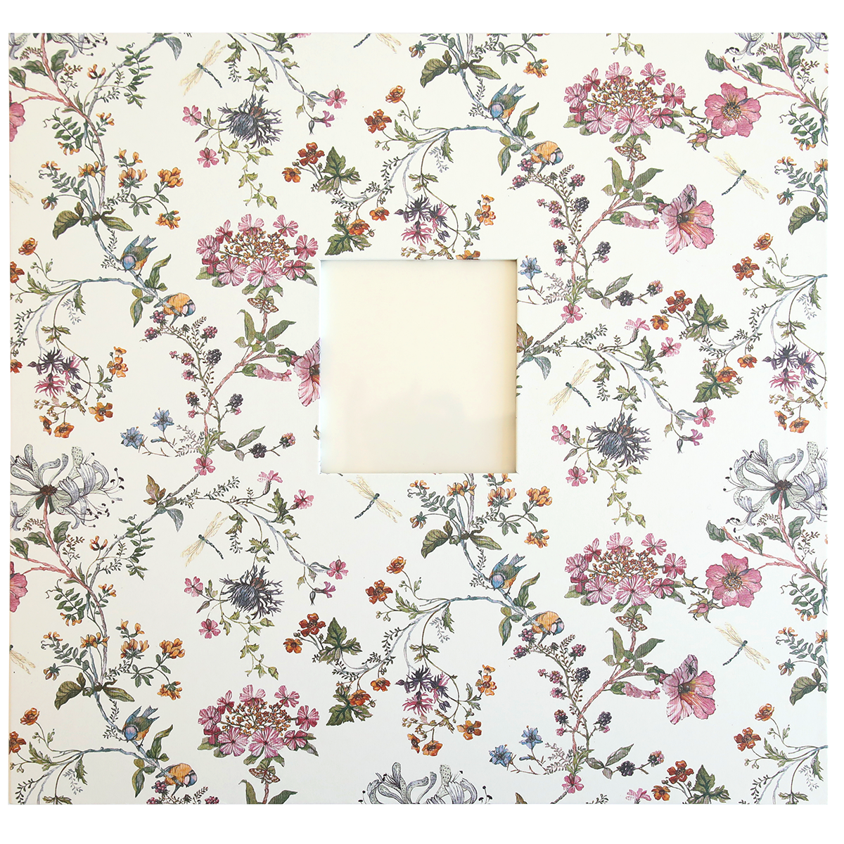 A square white frame with an intricate floral pattern featuring various flowers and leaves, reminiscent of memories captured in a Wildflower Meadow Scrapbook Album, surrounds a small blank square in the center.