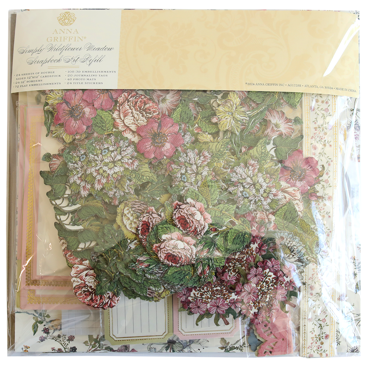 A packaged set of Wildflower Meadow Papercrafting Kit featuring floral-themed die cuts, decorative papers, and embellishments suitable for creating handmade cards. Arranged neatly in a clear plastic bag with a branded label at the top.