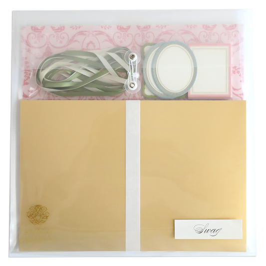 The Crop at Home 4 Swag includes a clear plastic envelope with gold paper, green ribbon, round and square labels, and a "Swag" card—ideal scrapbooking supplies for any creative project.