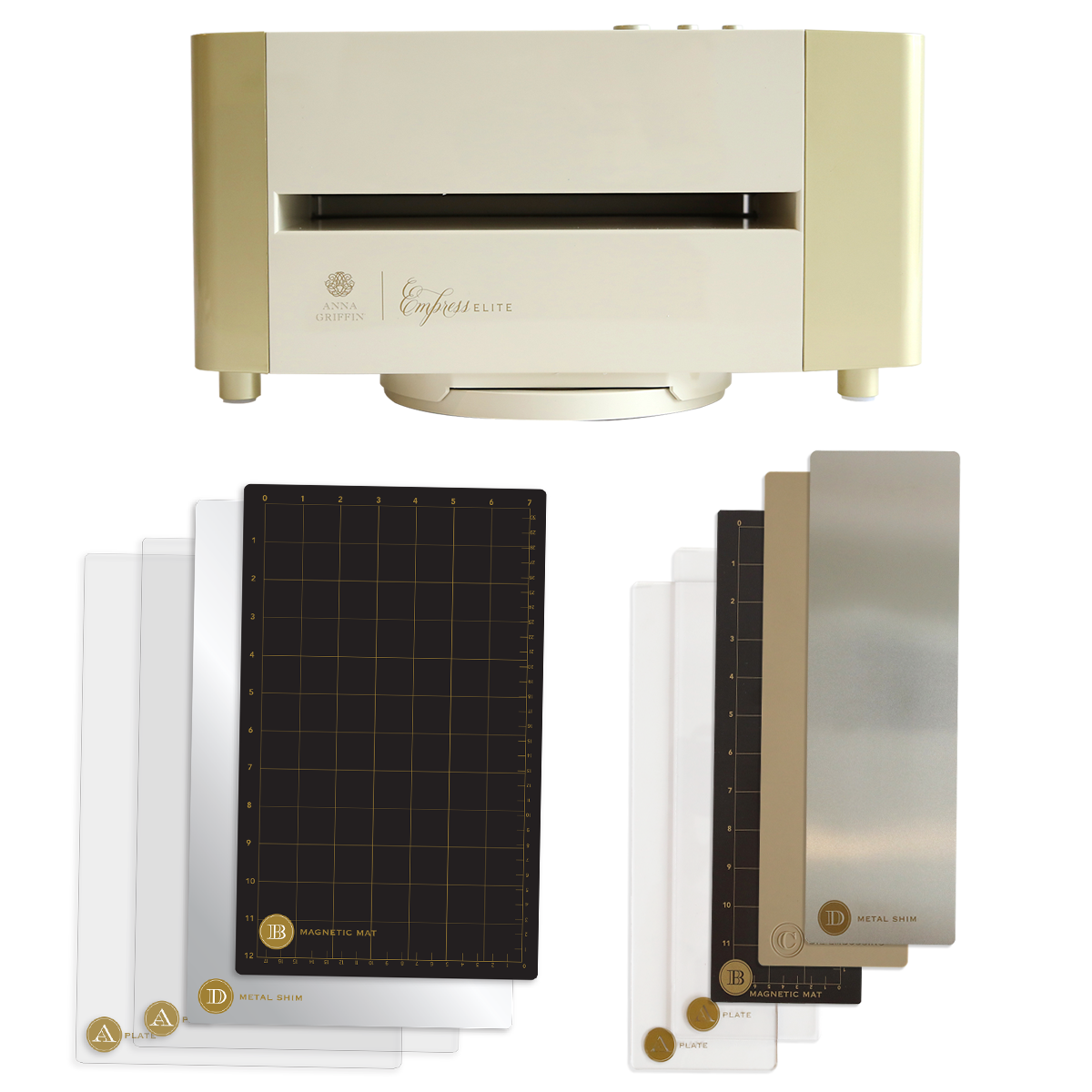 An Empress Elite Machine with Large and 13" Plates in gold and cream is displayed with four cutting plates, two metal shims, and two plastic shims neatly arranged below it.