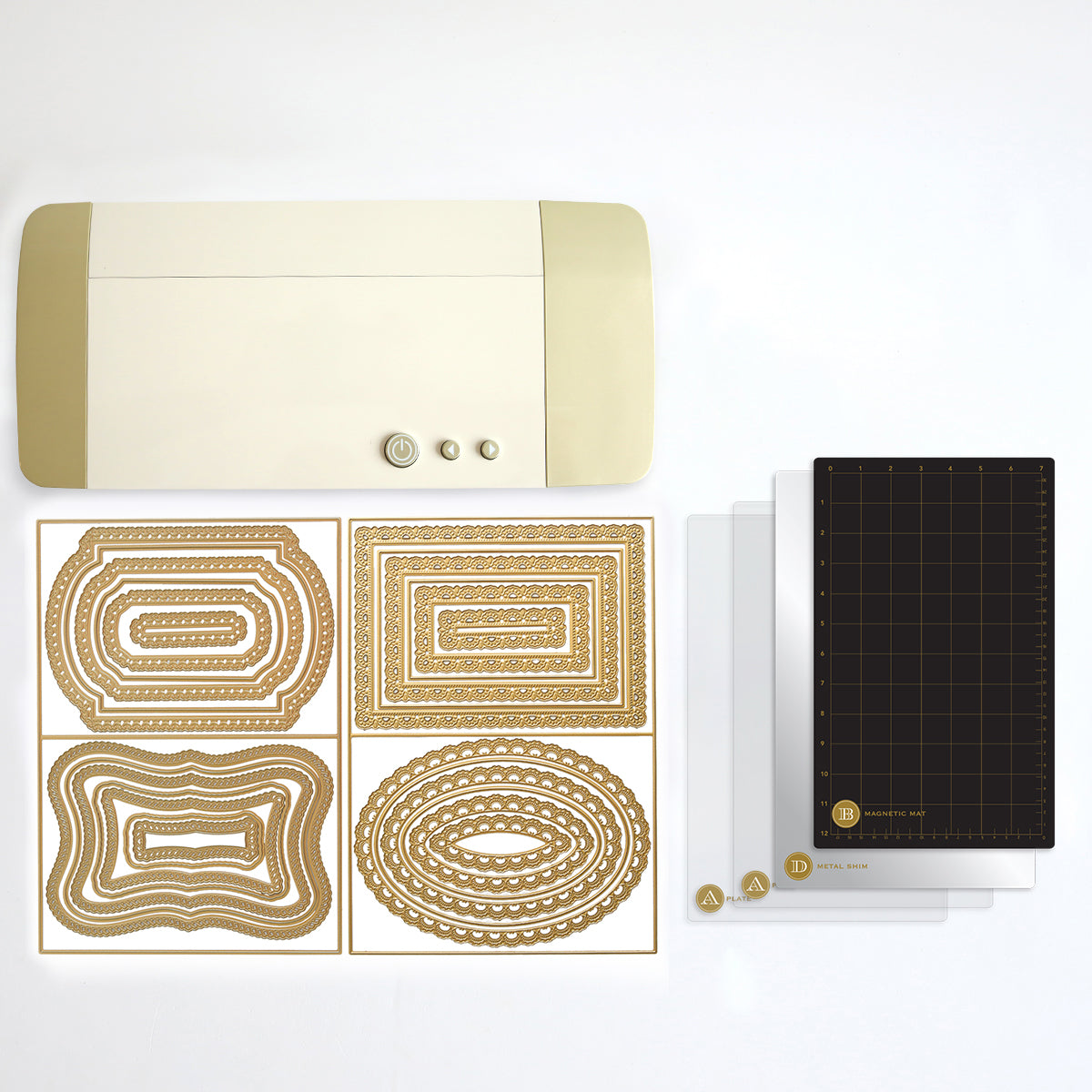 Explore the Empress Elite Bundle showcasing three metal cutting dies and three cutting mats on a pristine white surface. Perfect for any DIY project, this versatile craft embossing tool effortlessly transforms your creativity. Don't miss out on the Black Friday Deal for this ultimate electronic die-cutting companion!