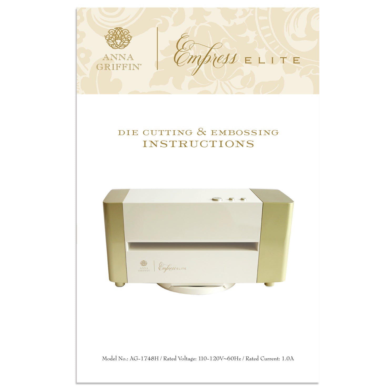 Instruction manual cover for the Empress Elite Machine with Large Plates, showcasing an image of the machine accompanied by a decorative floral design.