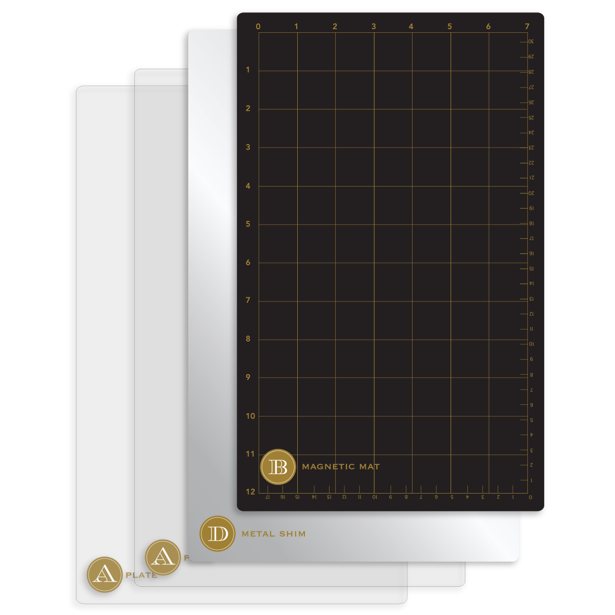 Three transparent plates labeled "A", "A", and "D" are stacked next to a black magnetic mat with gold grid and measurements, designed to be used with the Empress Elite Machine with Large and 13" Plates or any electronic die cutting machine.