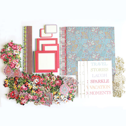 The Paisley Papers and Embellishments scrapbook kit includes floral stickers, paisley papers, and patterned embellishments, along with labels and word cutouts such as "Travel," "Stories," and "Vacation." It's ideal for crafting unique scrapbook pages that encapsulate your most treasured memories.